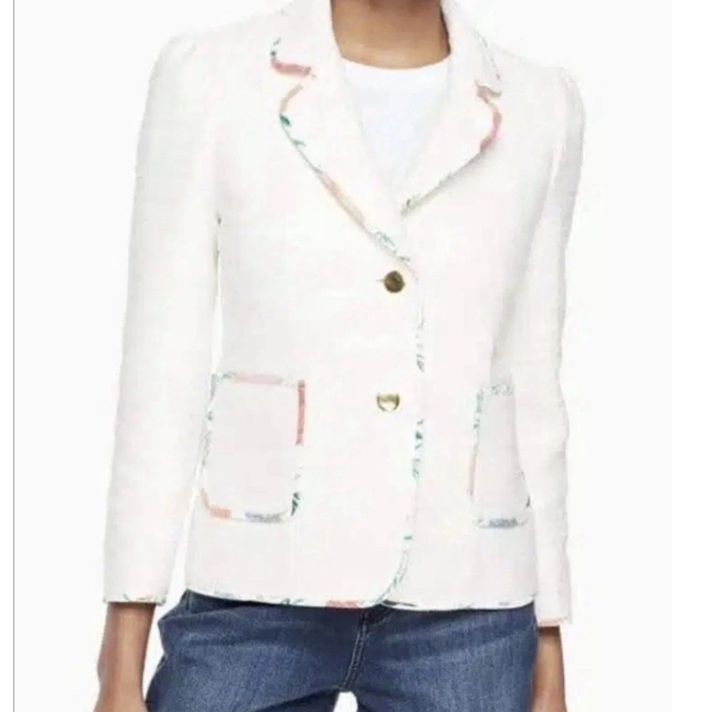 Kate Spade New‎ York White Textured Tweed Blazer Jacket Floral Trim SZ2 Elegant